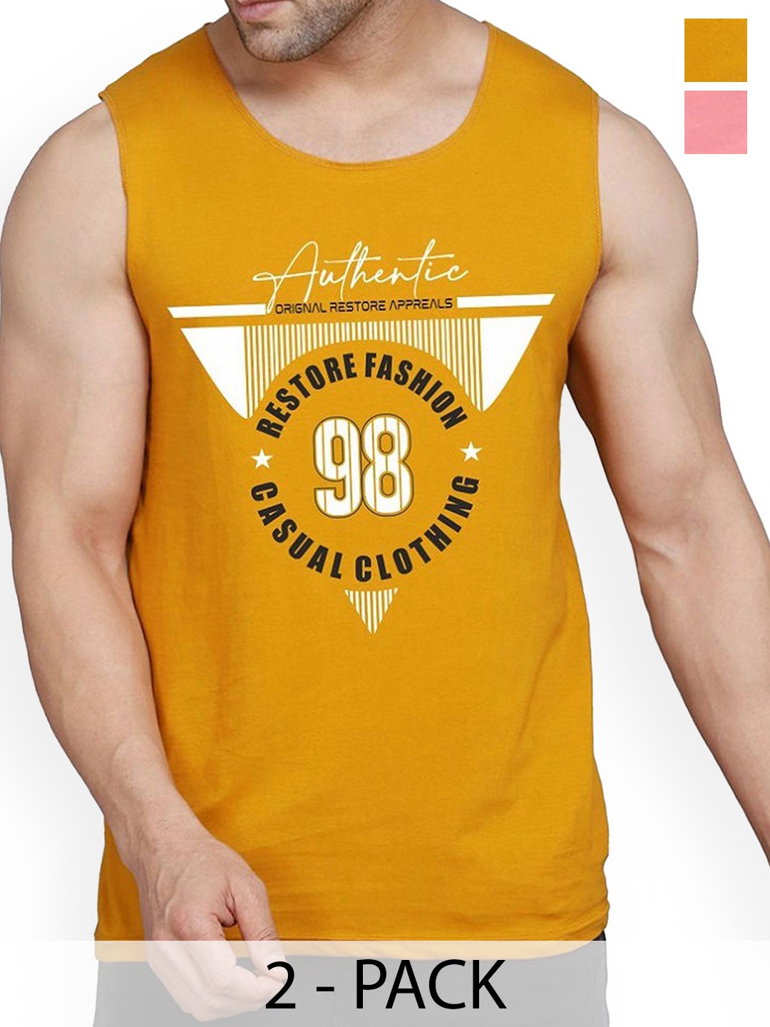 

WOOSTRO Men Pack Of 2 Printed Combed Cotton Gym Vest, Mustard
