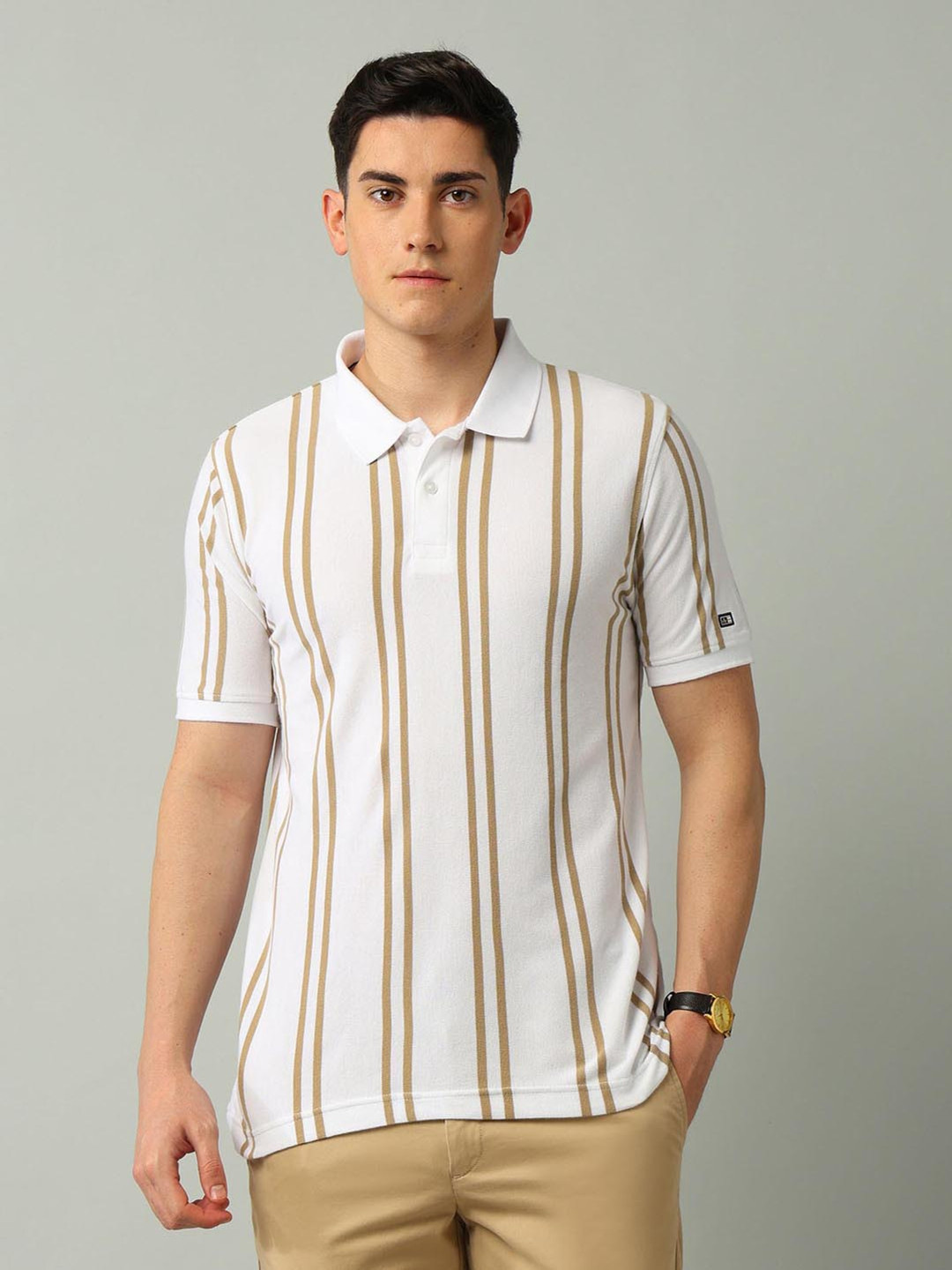 

Arrow Sport Men Brand Logo Striped Polo Collar Pockets T-shirt, White