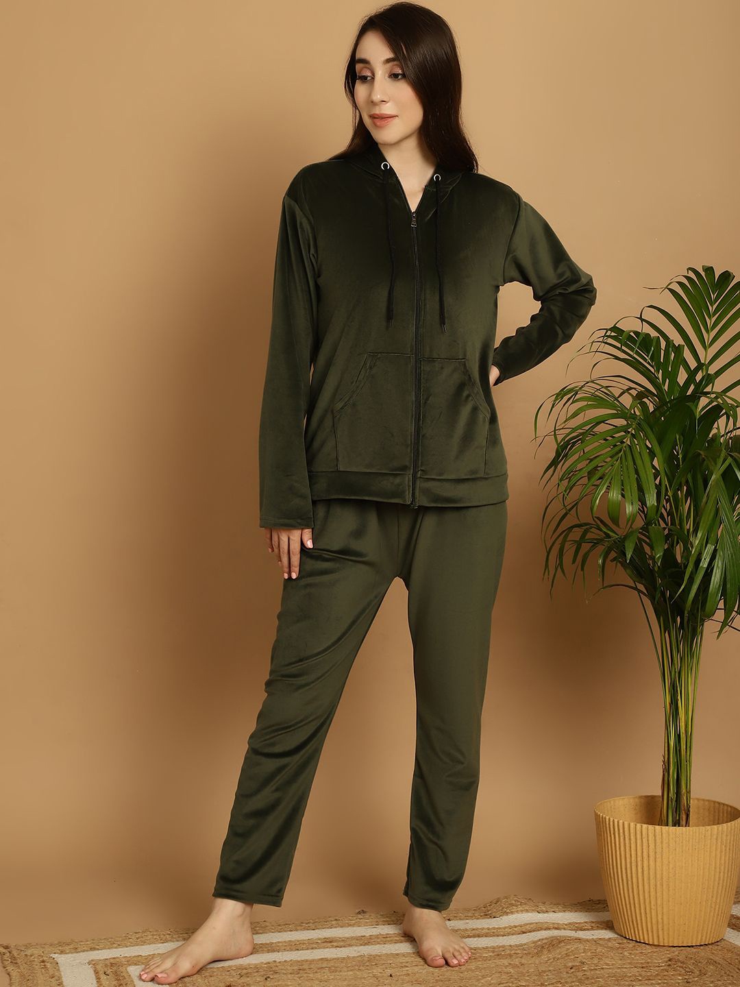 

Valles365 by S.C. Women Solid Velvet Night suit, Olive