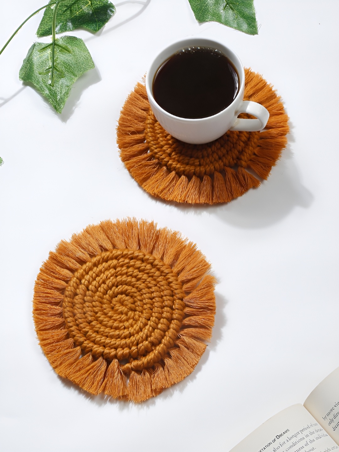 

My Creative Hut 2 Pieces Red Textured Macrame Round Coasters, Mustard