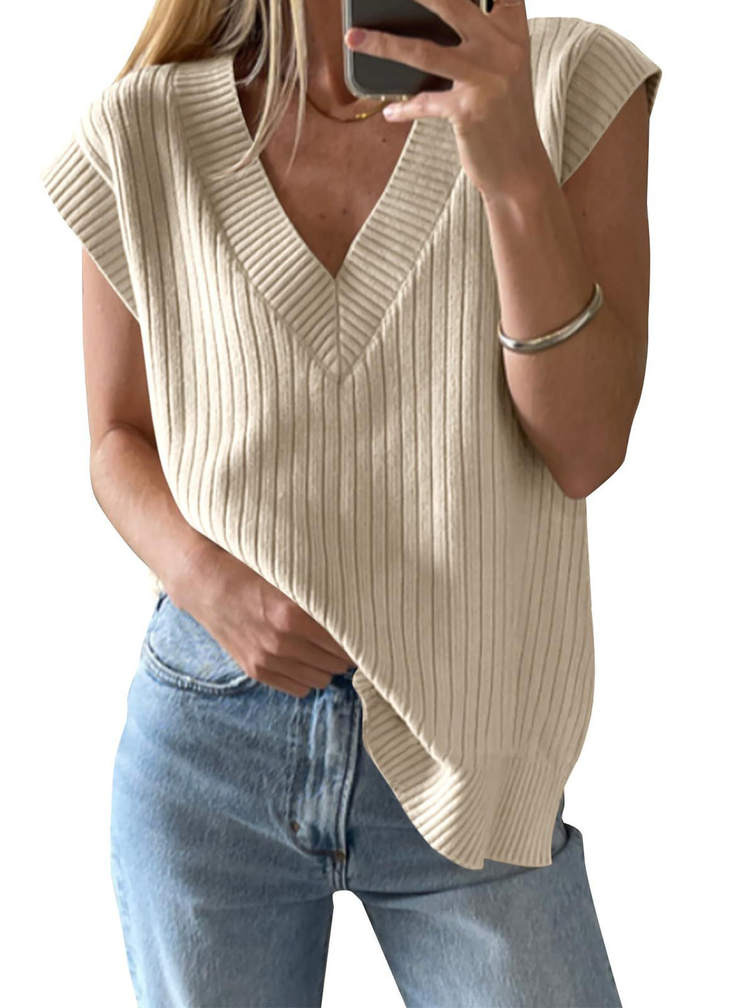 

StyleCast x Revolte Ribbed V-Neck Extended Sleeves Regular Top, Beige