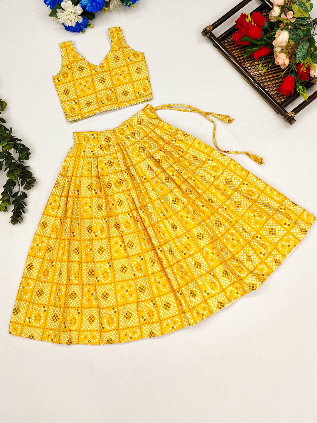 

DHRUV CREATION Girls Printed Ready to Wear Lehenga & Blouse, Yellow
