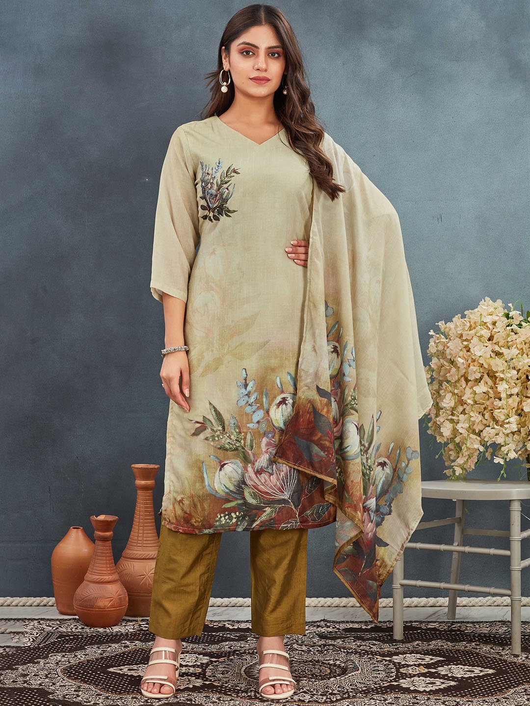 

Moda Rapido Floral Printed V-Neck Straight Kurta With Trousers And Dupatta, Beige