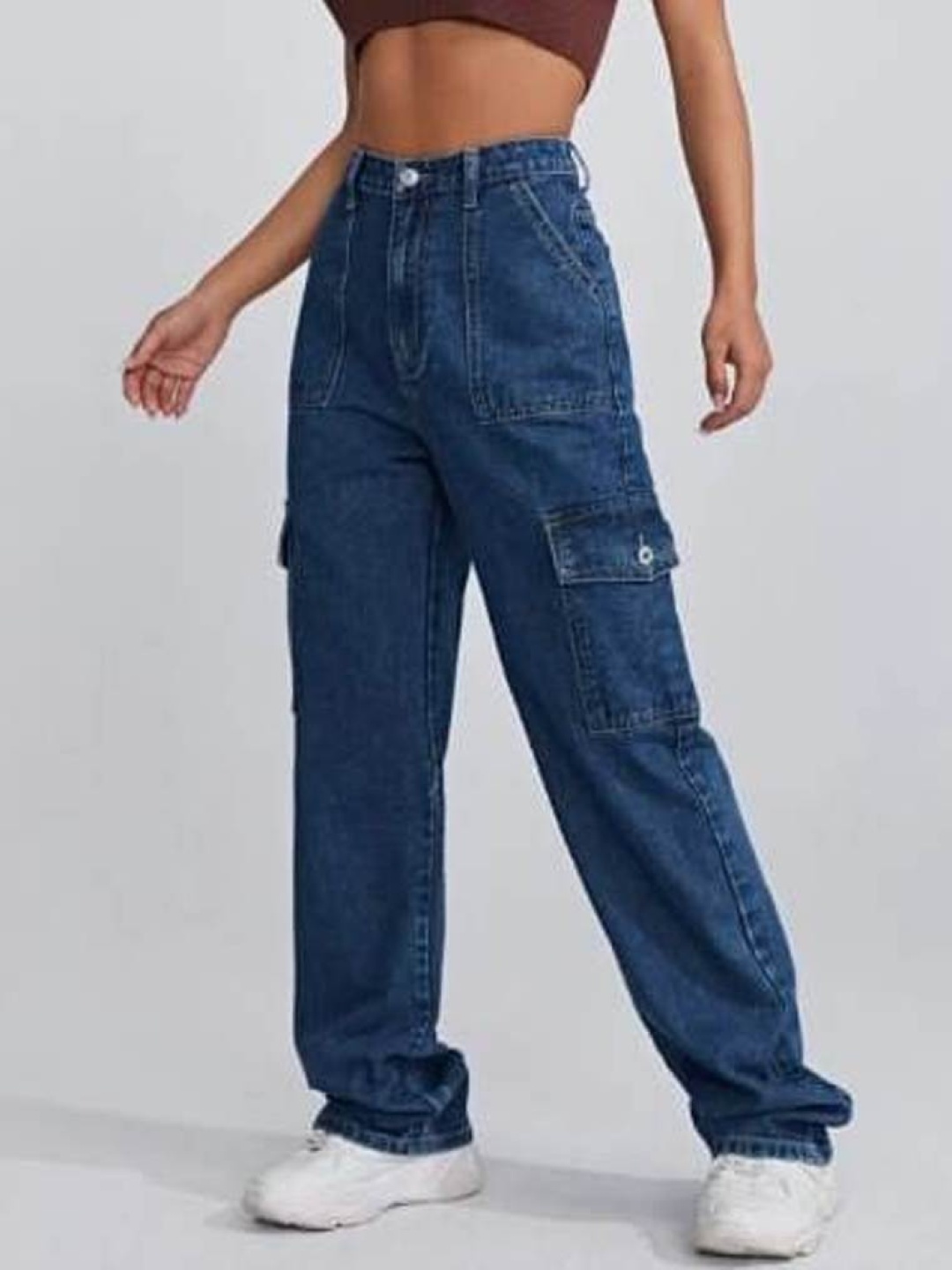 

VBEAUTI Women Jean Straight Fit High-Rise Stretchable Cargo Styles Jeans, Blue