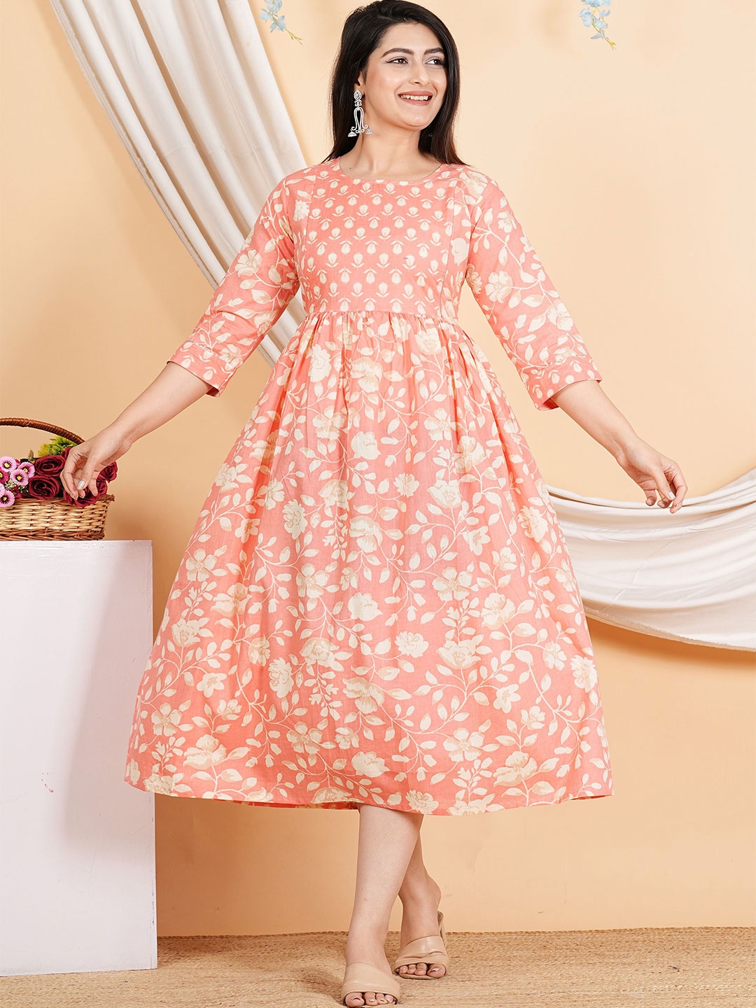 

SHOPAXIS Floral Printed Cotton Maternity Fit & Flare Midi Dress, Peach