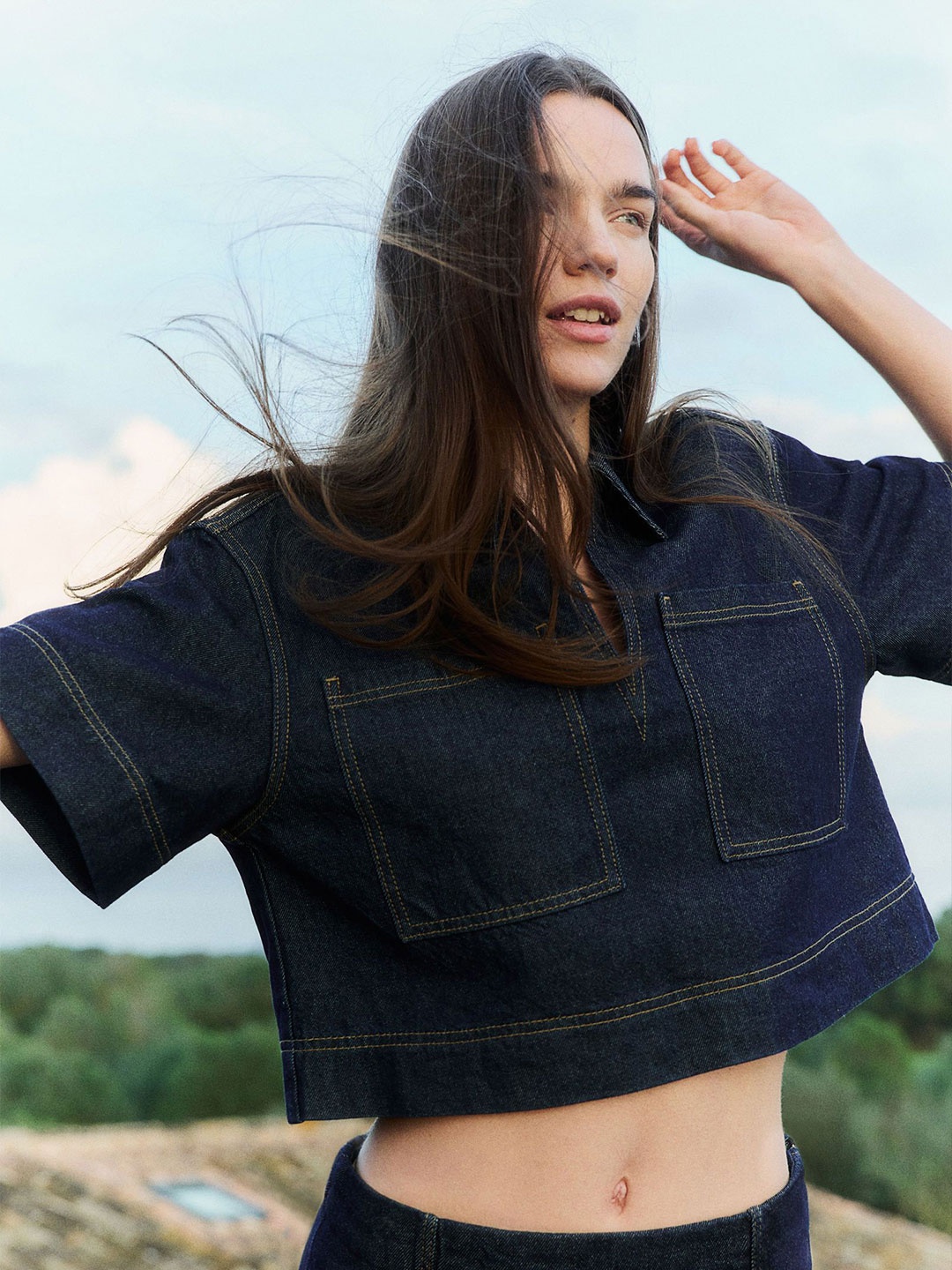 

H&M Cropped Denim Shirt, Navy blue