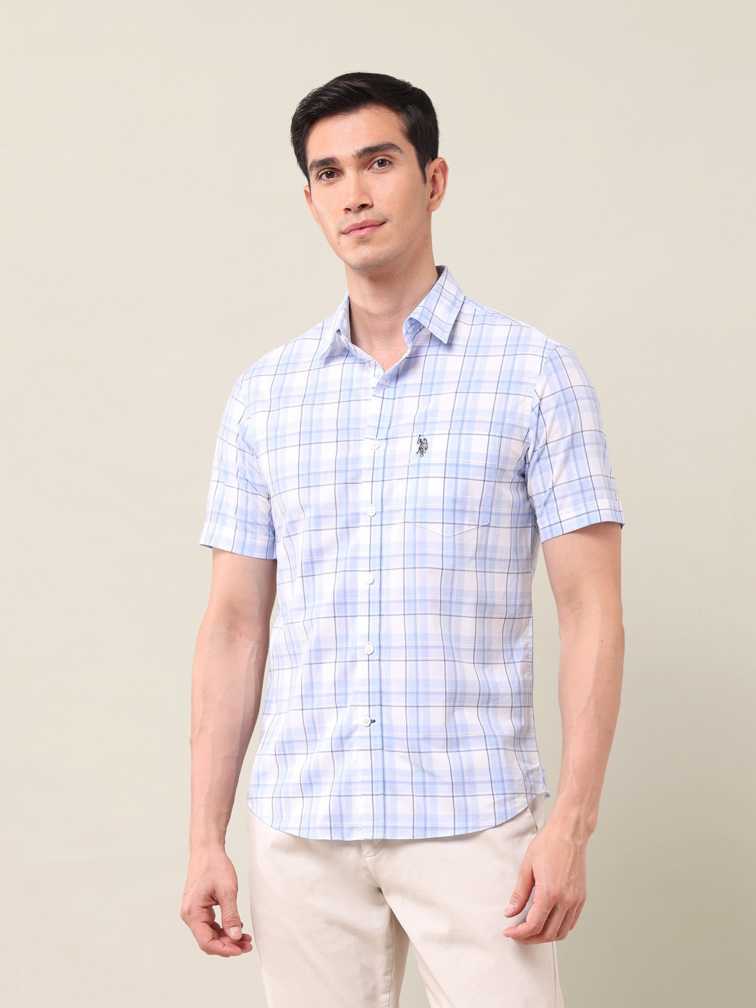 

U.S. Polo Assn. Men Classic Slim Fit Spread Collar Checked Cotton Casual Shirt, White