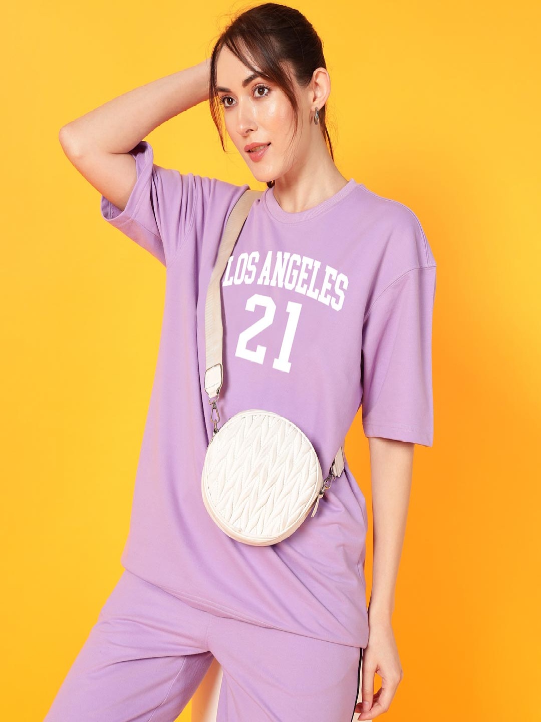 

Dogman Women Abzorb Varsity Printed Round Neck Cotton Oversized T-shirt, Lavender