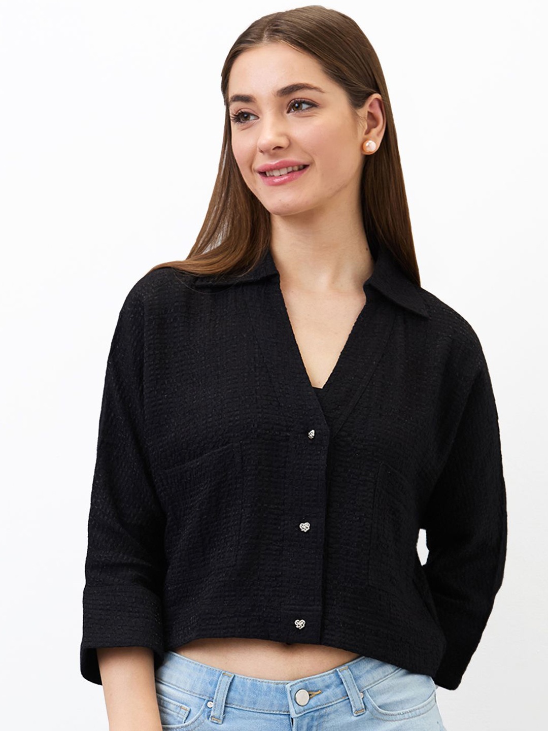 

SPYKAR Women Boxy Fit Spread Collar Textured Casual Shirt, Black