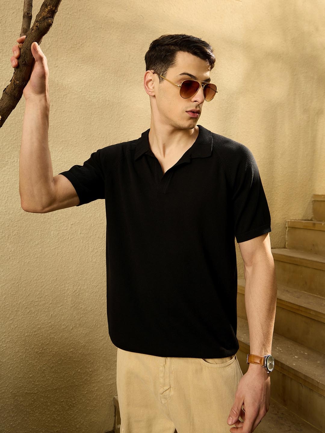 

DENNISON Men Polo Collar raglan Sleeves Knitted T-Shirt, Black