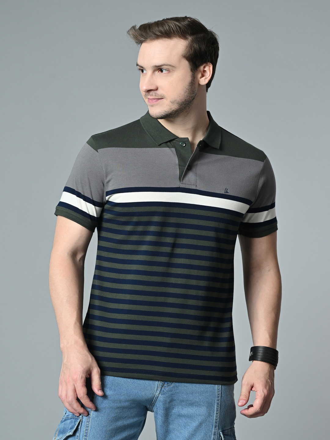 

ARBOUR Men Striped Polo Collar Cotton T-shirt, Olive