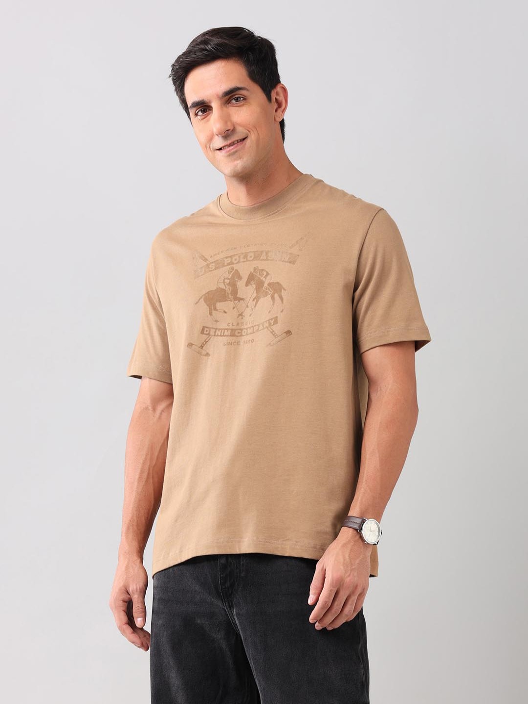 

U.S. Polo Assn. Denim Co. Men Graphic Printed Round Neck Cotton T-shirt, Beige