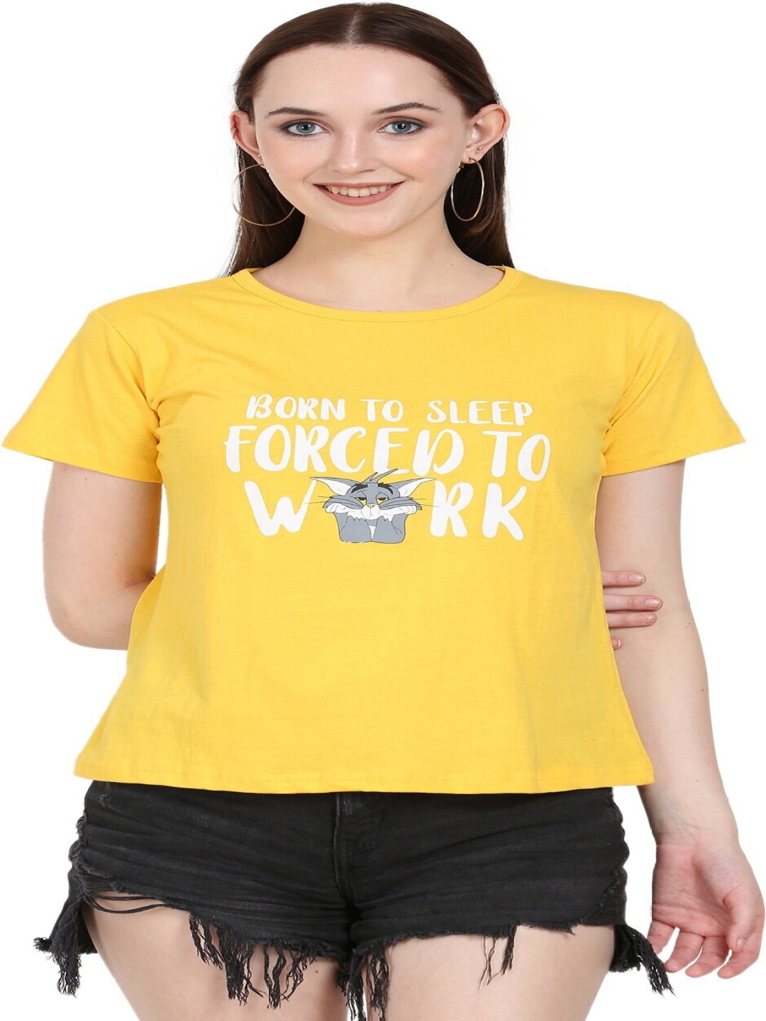 

DEEPMAYRA COLLECTION Women Tom & Jerry Typography Printed Round Neck Cotton T-shirt, Yellow