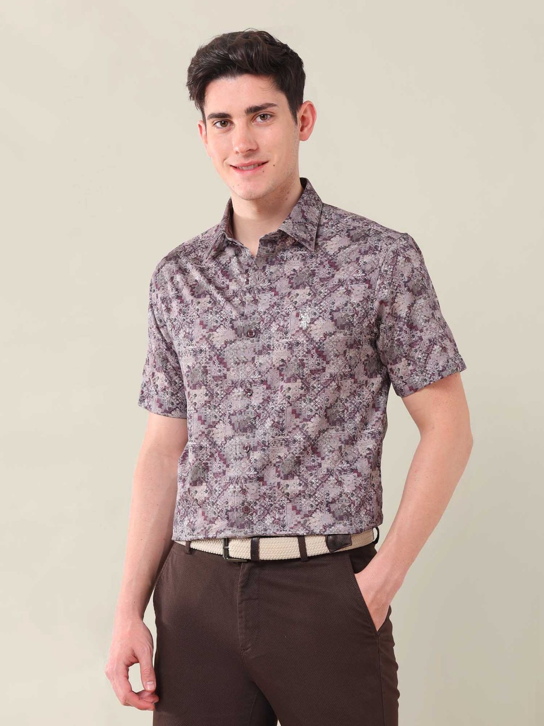 

U.S. Polo Assn. Men Classic Slim Fit Ethnic Motifs Printed Cotton Casual Shirt, Beige