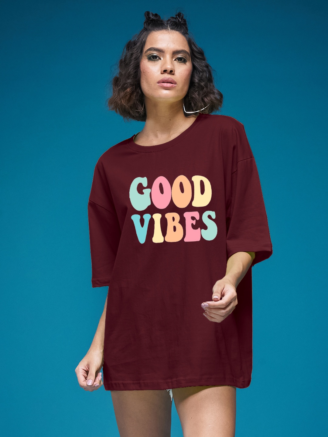 

SMARTEES Women Typography Printed Round Neck Cotton Oversized T-shirt, Maroon