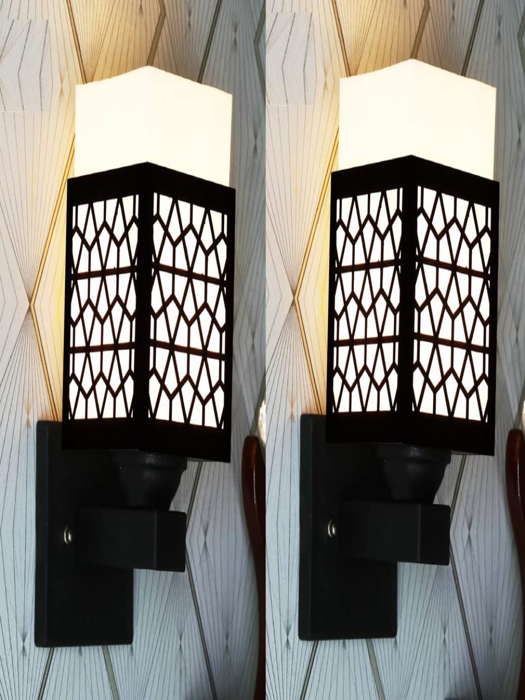 

Gojeeva Black & White 2 Pieces Textured Wooden Square Shaped Wall Lamps