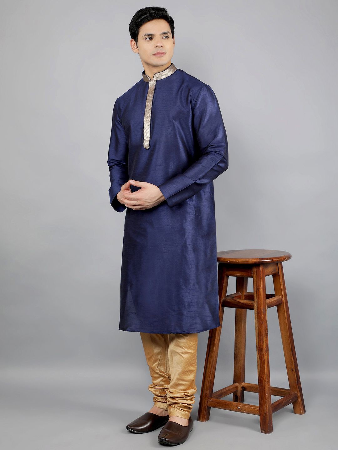 

Manish Creations Woven Design Mandarin Collar Jacquard Straight Kurta With Churidar, Navy blue