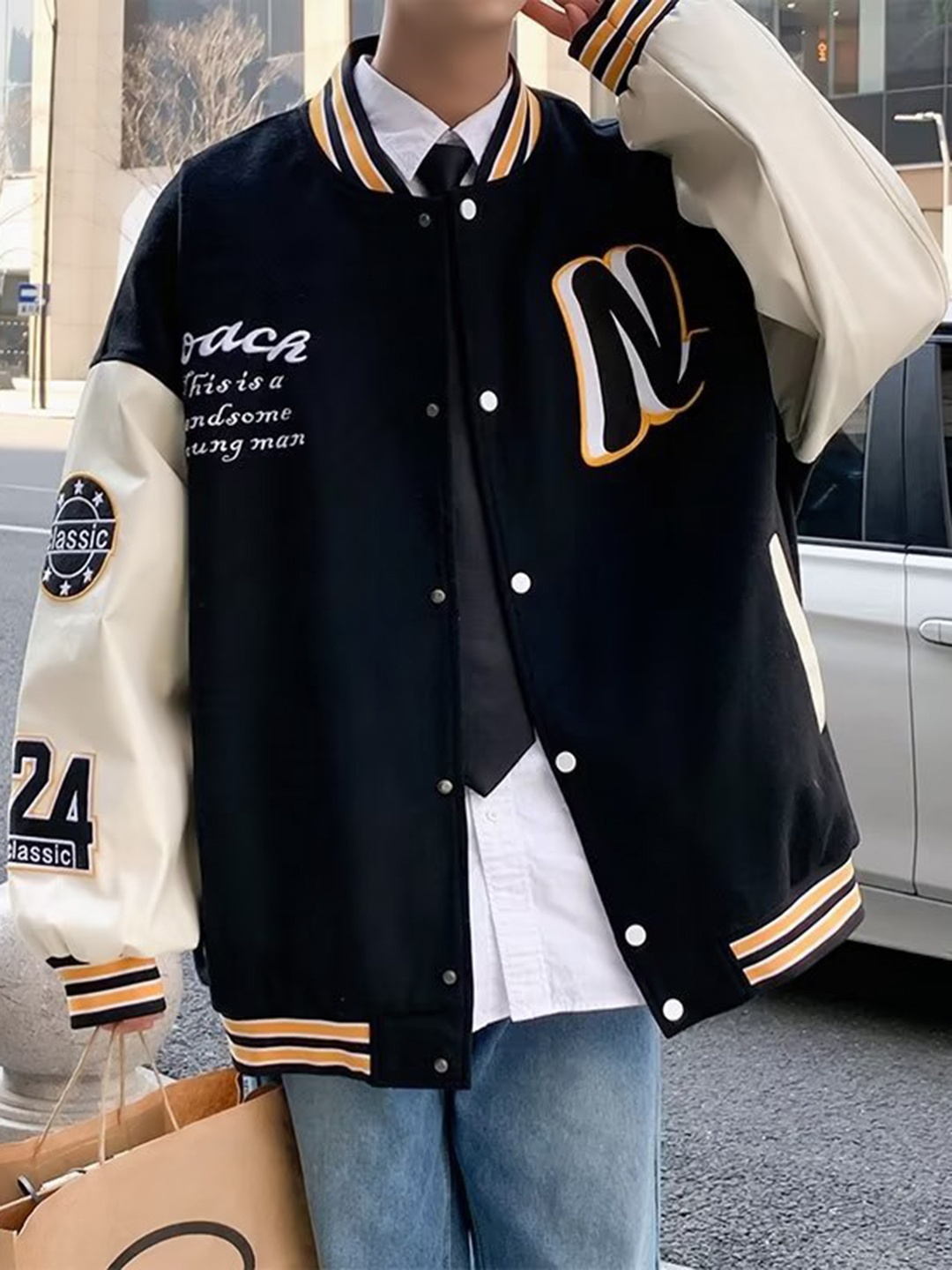 

HERE&NOW Men Typography Colourblocked Synthetic Varsity Jacket, Black