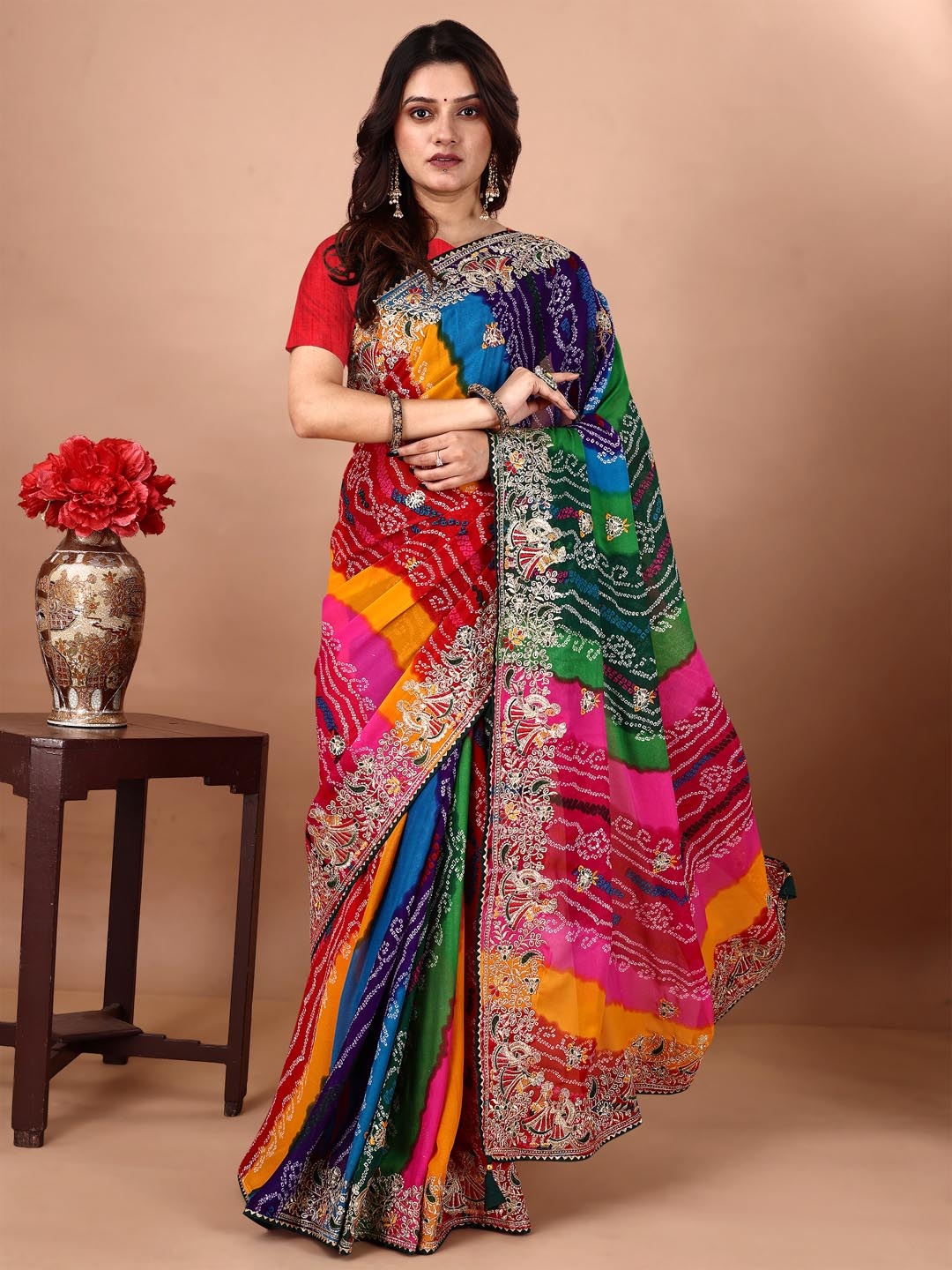

Panzora Bandhani Embroidered Poly Georgette Bandhani Saree, Blue