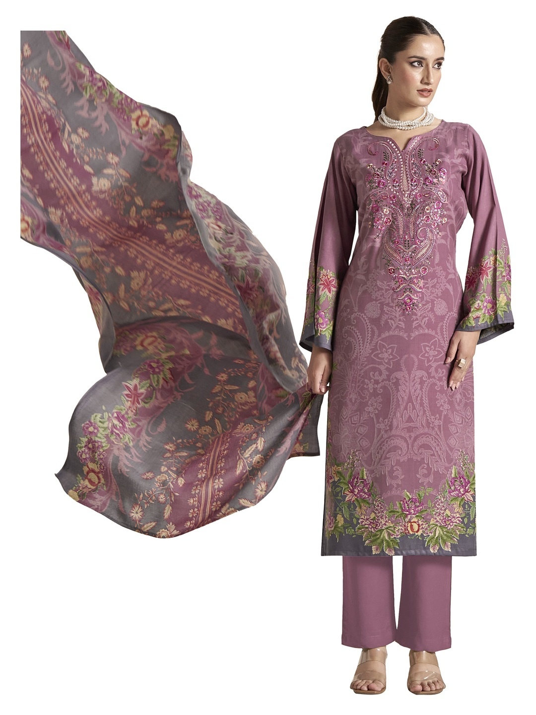 

DRAVINAM Trends Floral Printed Pashmina Unstitched Dress Material, Lavender