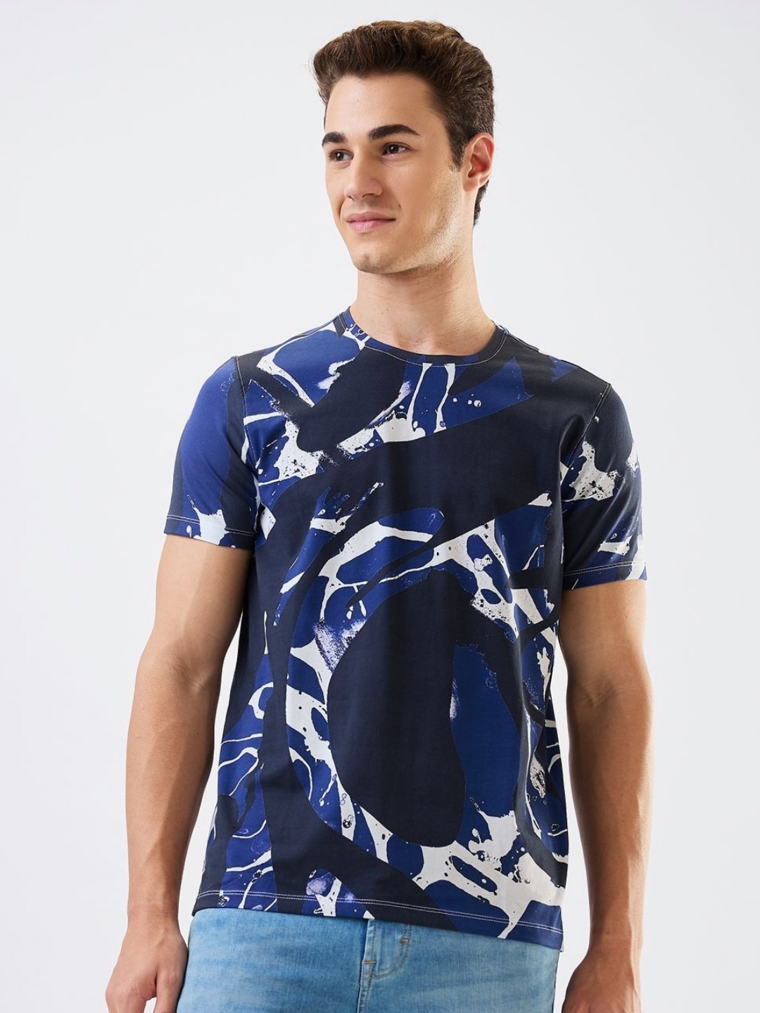 

SPYKAR Men Abstract Printed Round Neck Cotton Slim Fit T-shirt, Blue