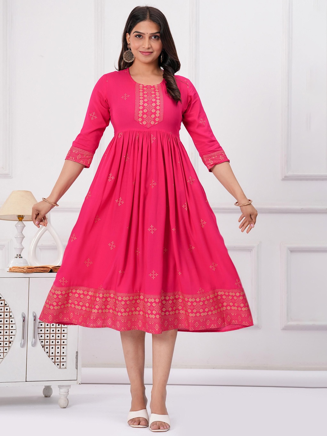 

Sanganeri Kurti Ethnic Motifs Print Fit & Flare Midi Dress, Pink