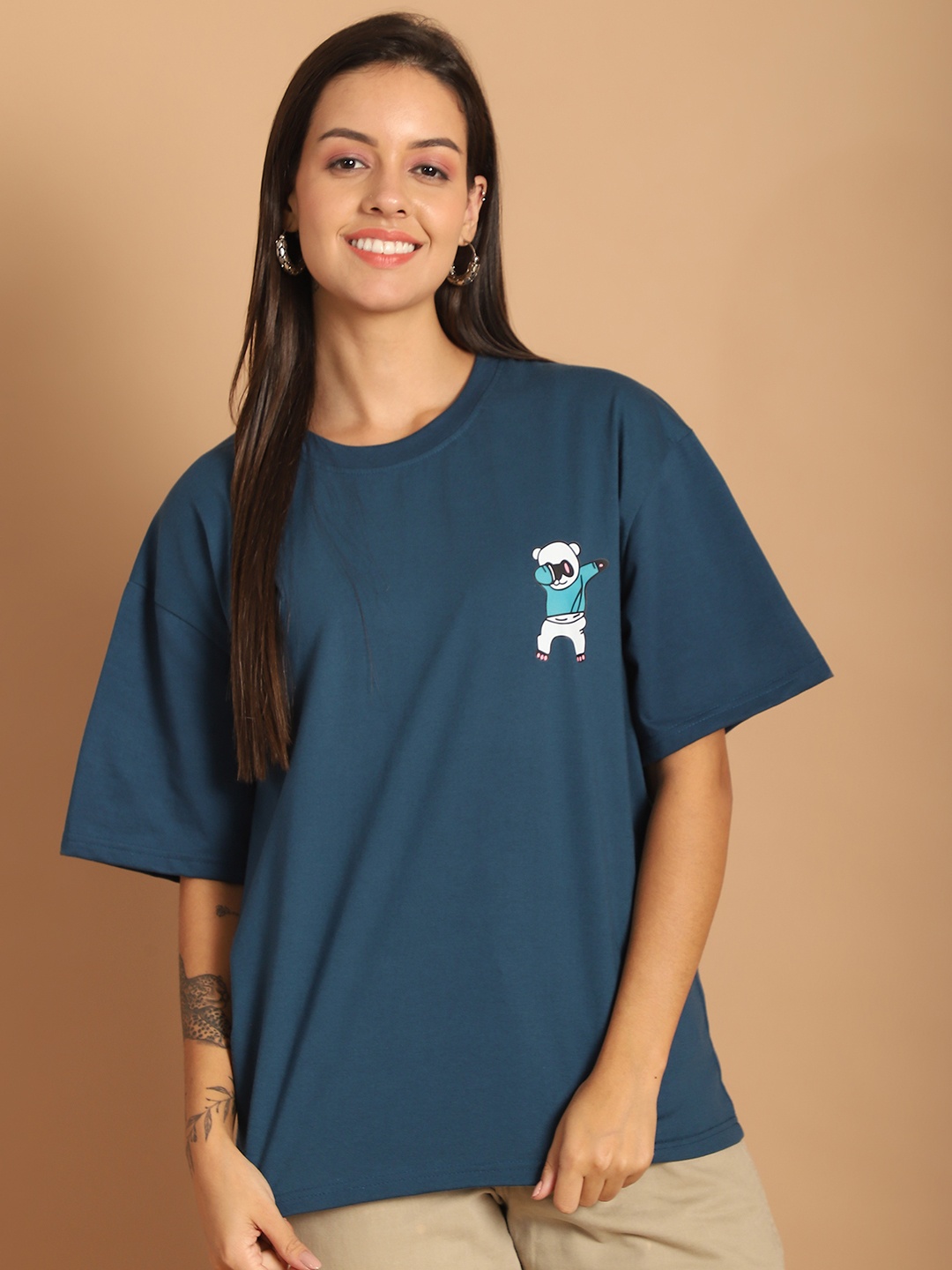 

Dreambe Women Graphic Printed Round Neck Cotton Oversized T-shirt, Teal