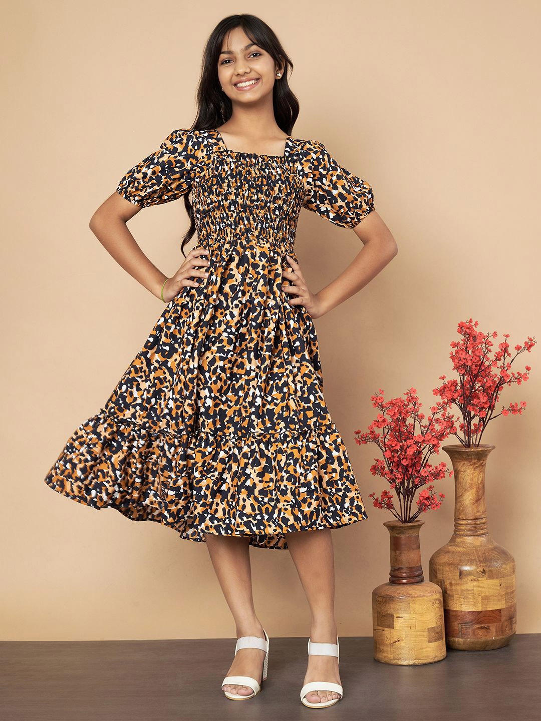 

ZWERLON Girls Printed Puff Sleeve A-Line Midi Dress, Black