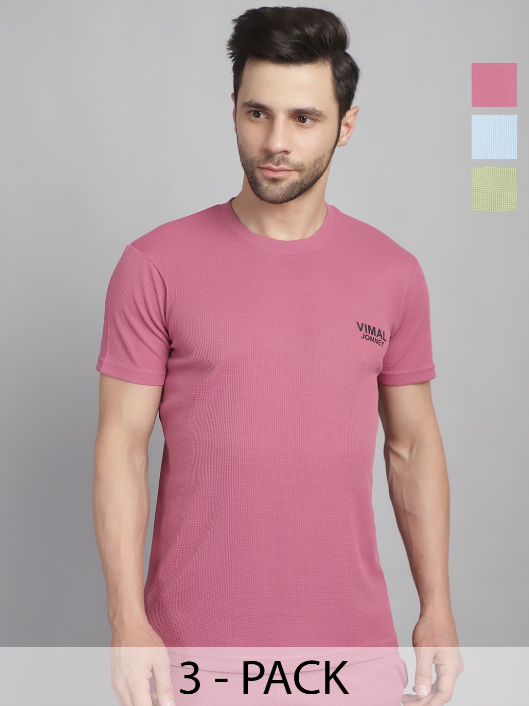 

VIMAL JONNEY Men Pack Of 3 Solid Round Neck T-shirts, Pink