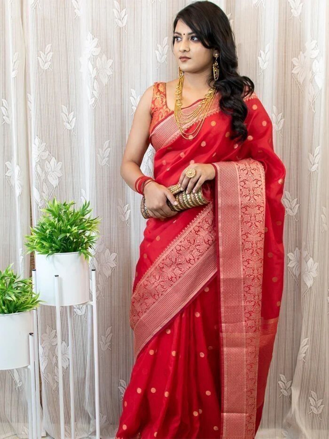 

bansari textiles Woven Design Zari Kota Saree, Red