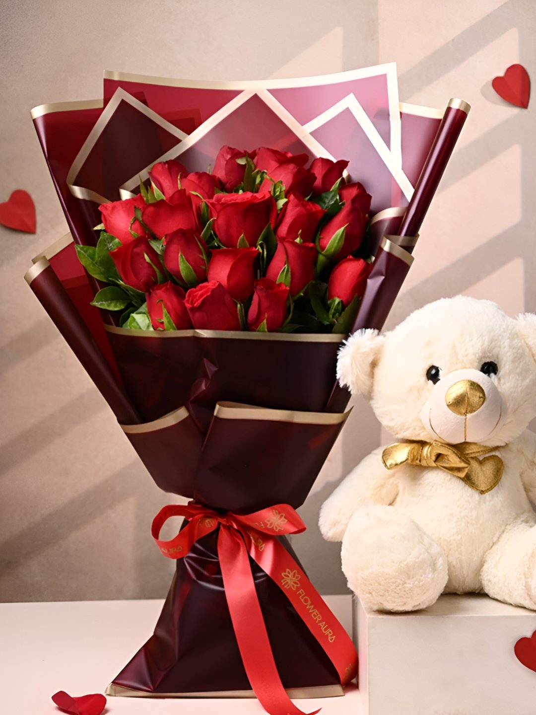 

Floweraura Red 20 Pieces Roses Fresh Flowers With Teddy Love Bouquet