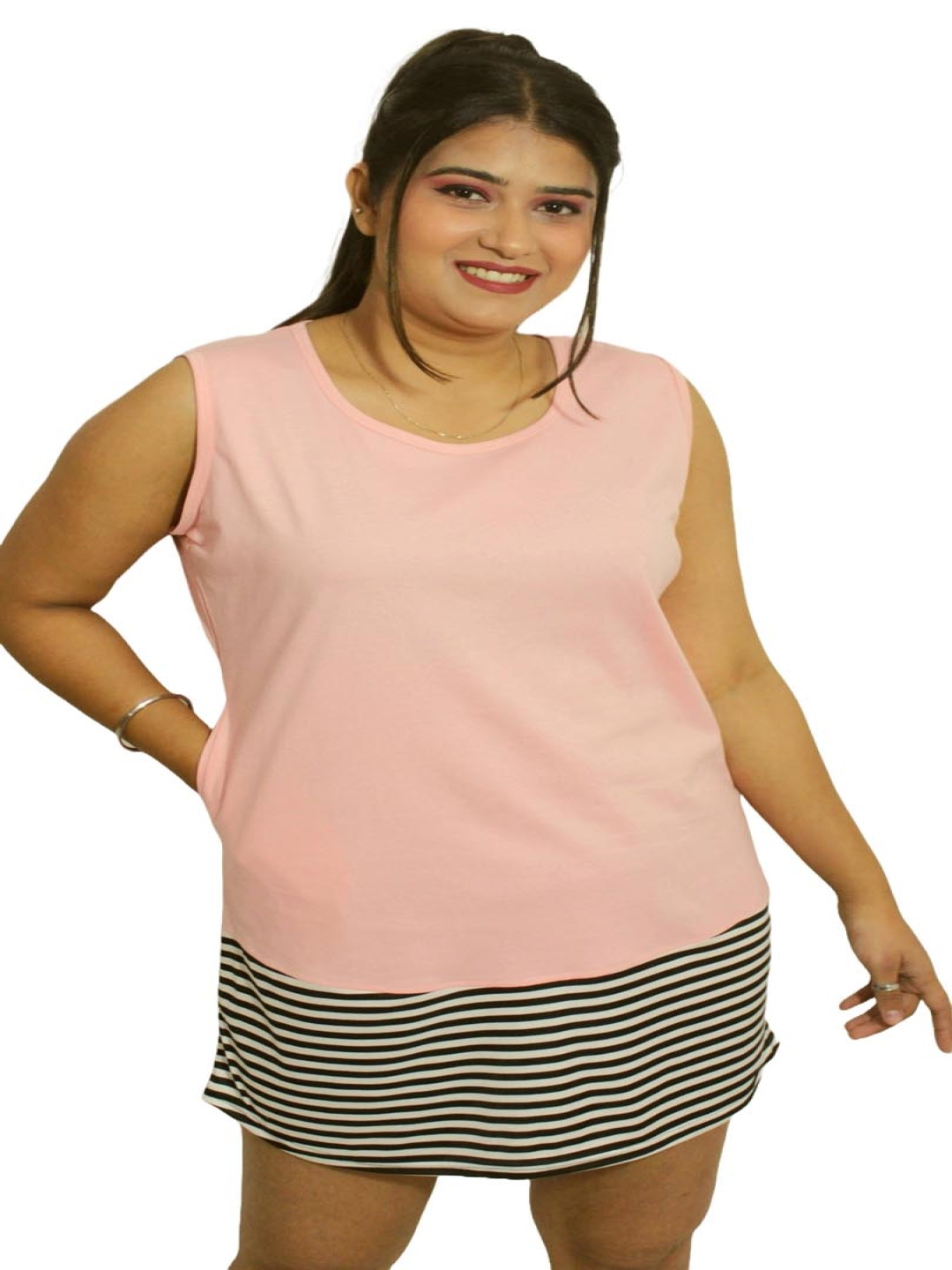 

PINK SHELL Women Striped Drop-Shoulder Sleeves Cut Outs T-shirt, Peach