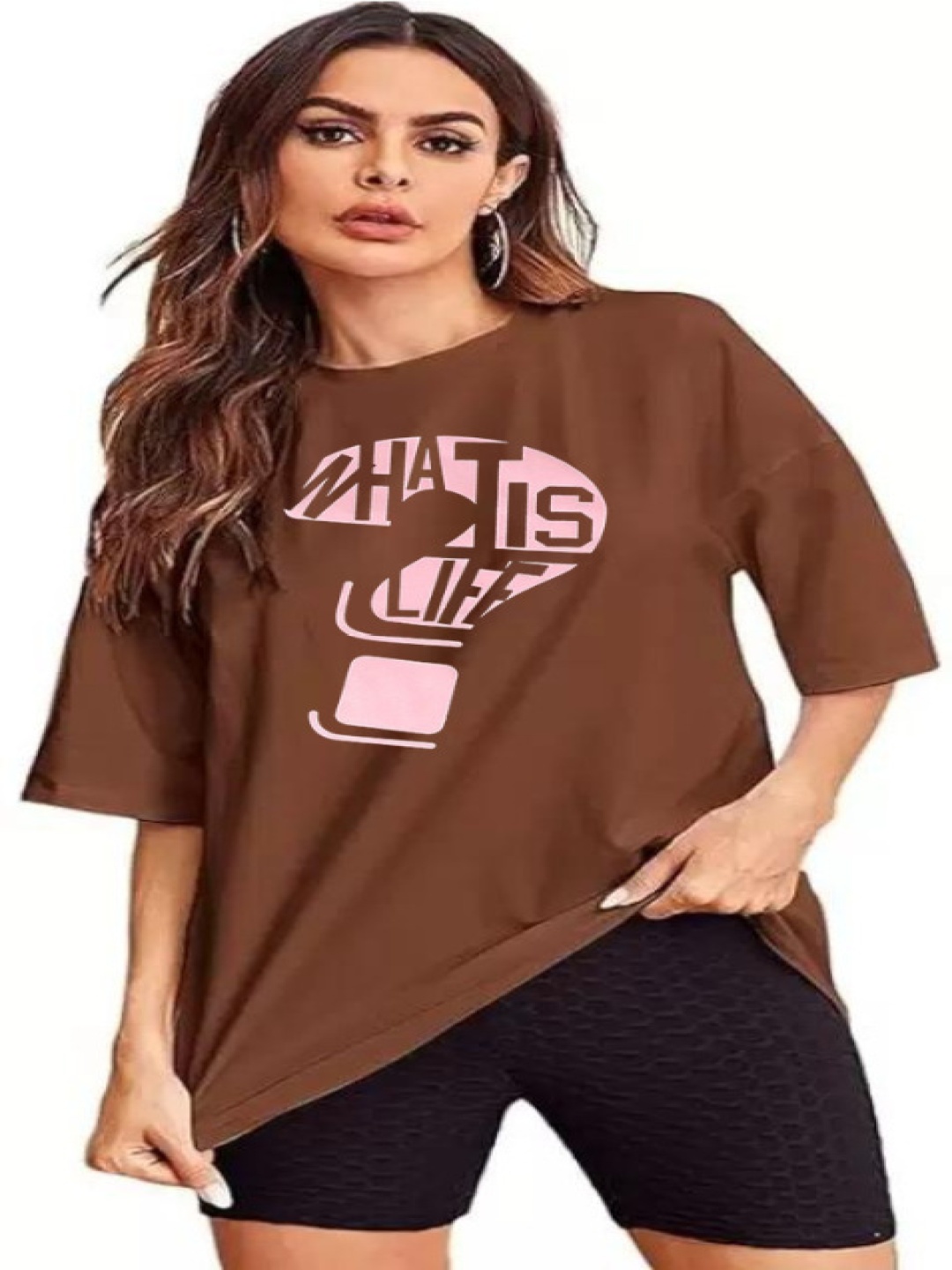 

SALUJA FABRICS Women Typography Printed Extended Sleeves Pockets T-shirt, Brown