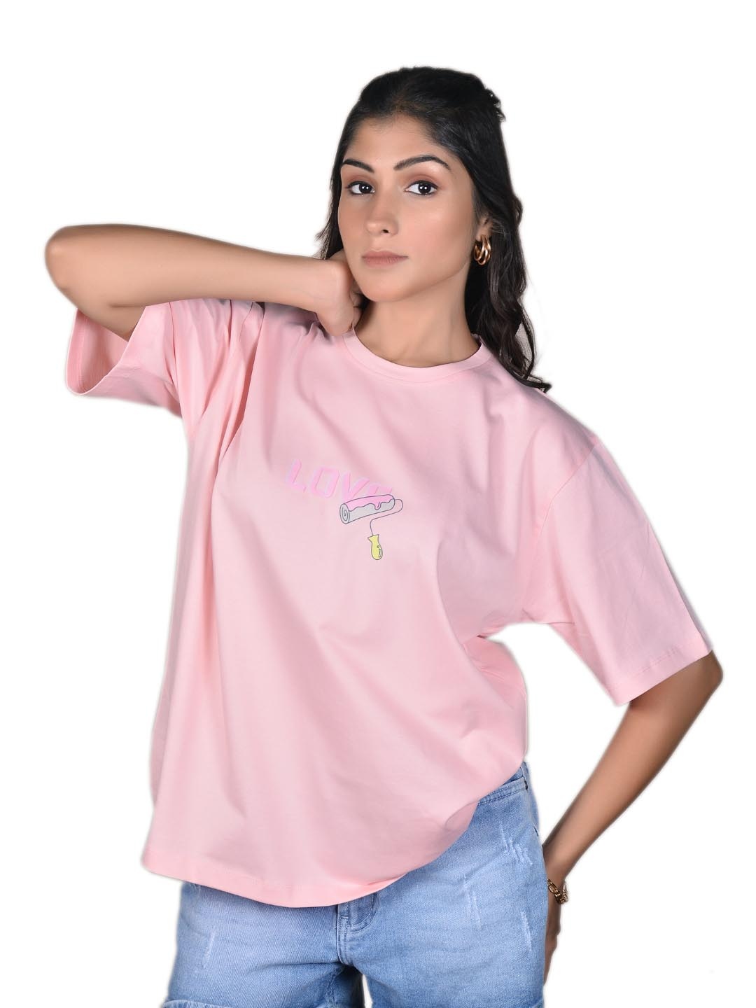 

JAC INDIAN Women Graphic Printed Round Neck Cotton Oversized T-shirt, Pink