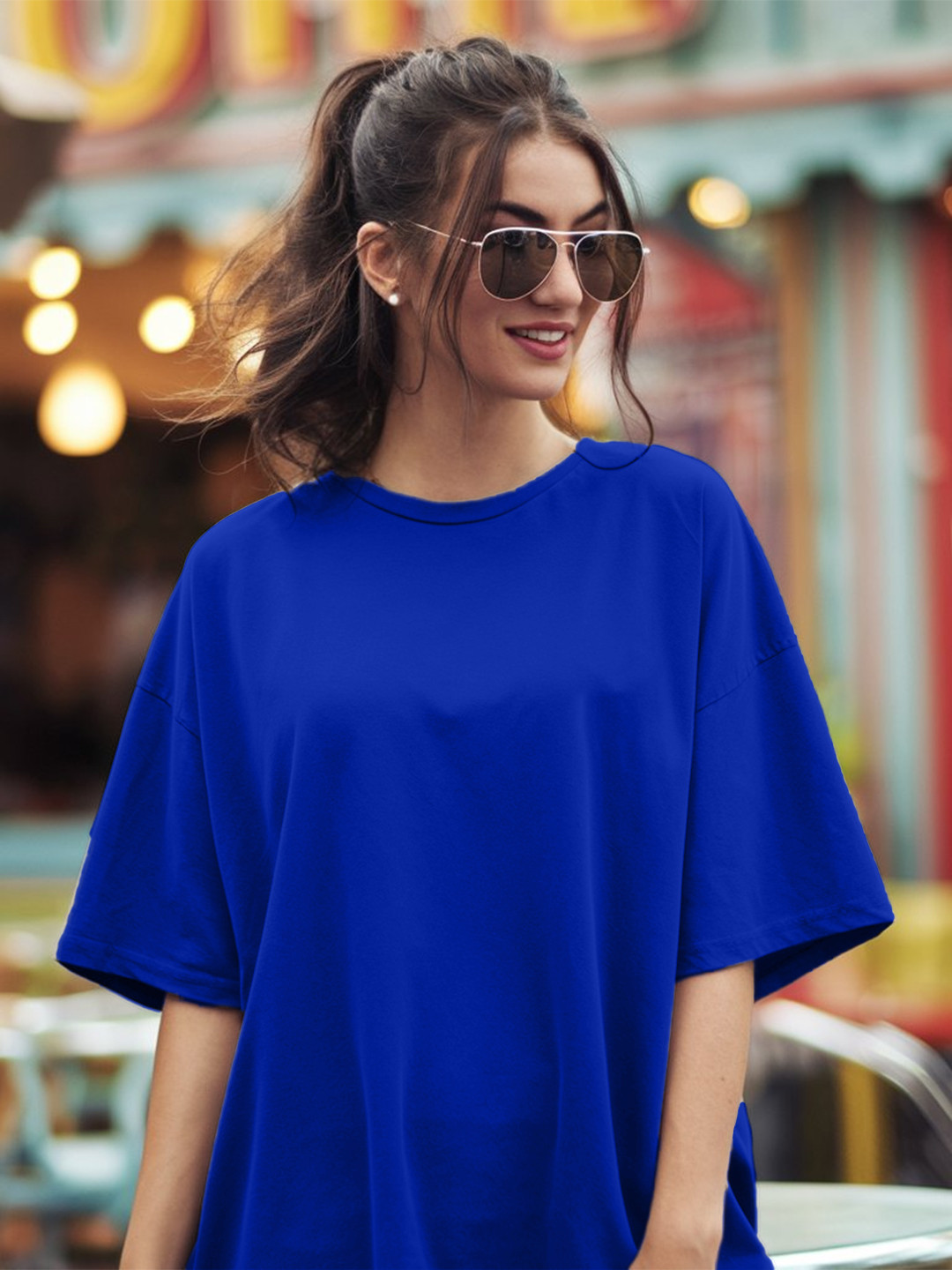 

Leotude Women Solid Round Neck Cotton Oversized T-shirt, Blue