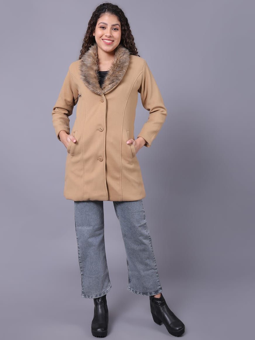 

MTR-FELLAMO Women Regular Fit Shawl Collar Single Breasted Trench Coat, Beige