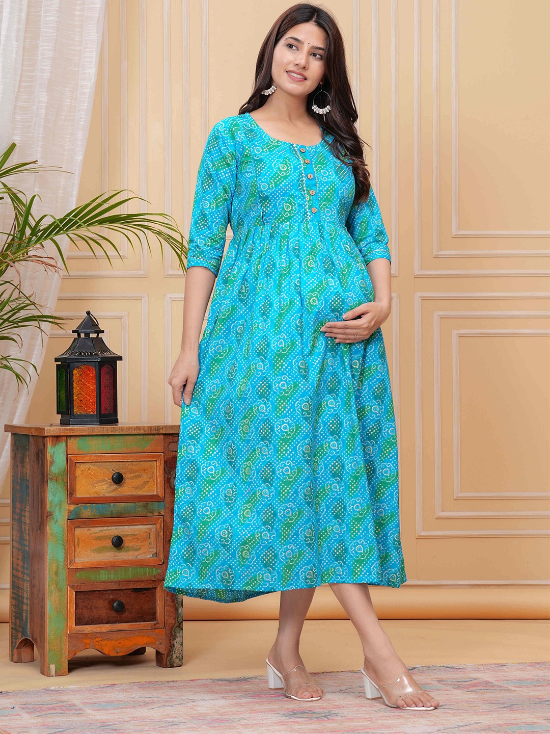 

FEMARY Women Ethnic Motifs Printed Cotton Maternity Midi Dress, Blue