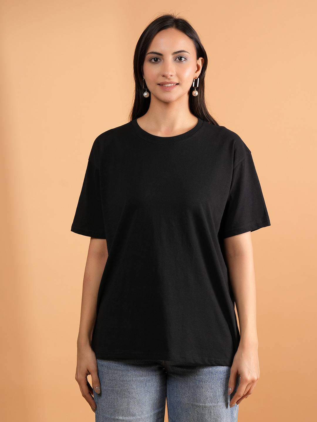 

BAESD Women Solid Round Neck Cotton Relaxed Fit T-shirt, Black