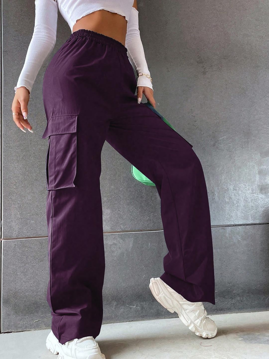 

SHINE N SHOW Women Relaxed High-Rise Easy Wash Cotton Cargos, Purple