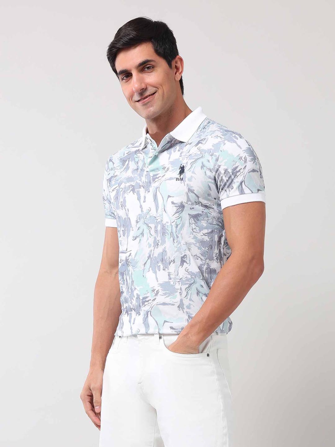 

U.S. Polo Assn. Denim Co. Men Abstract Printed Polo Collar Cotton Slim Fit T-shirt, Blue