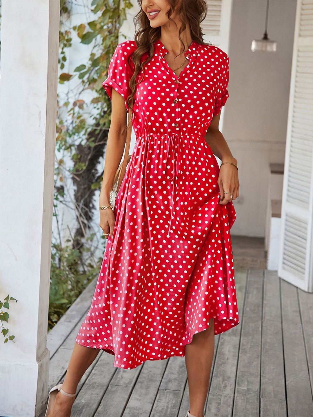 

StyleCast x Revolte Women Polka Dot Print A-Line Midi Dress, Red