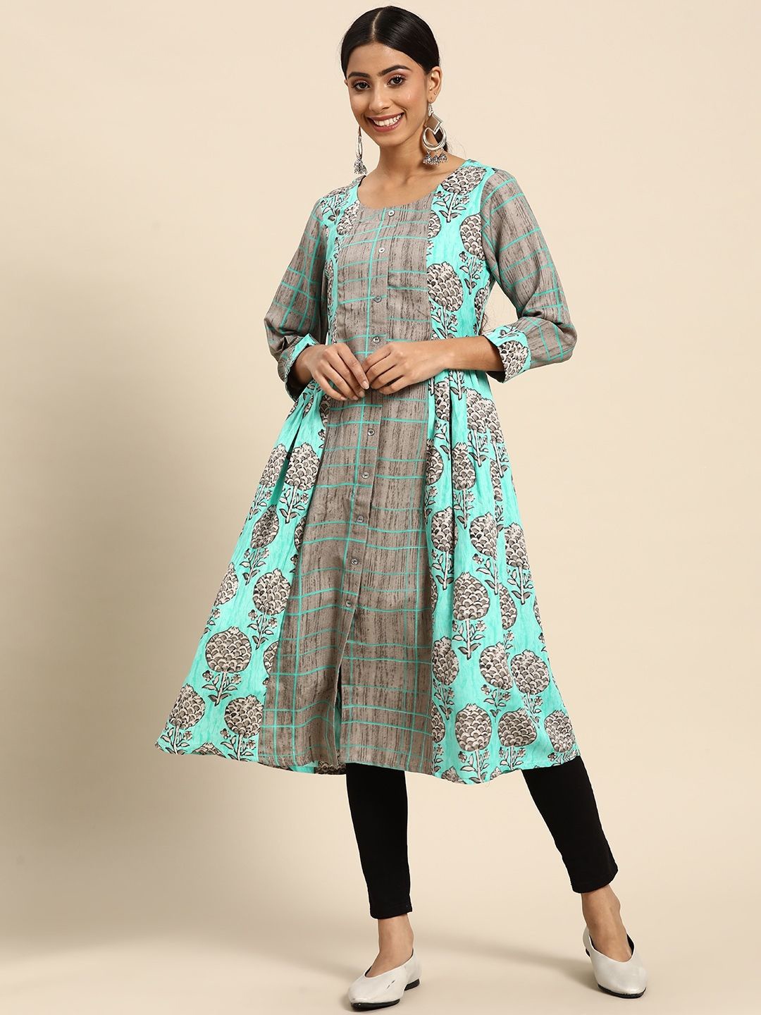 

Suha Floral Printed High Slit Round Neck A-Line Kurta, Sea green