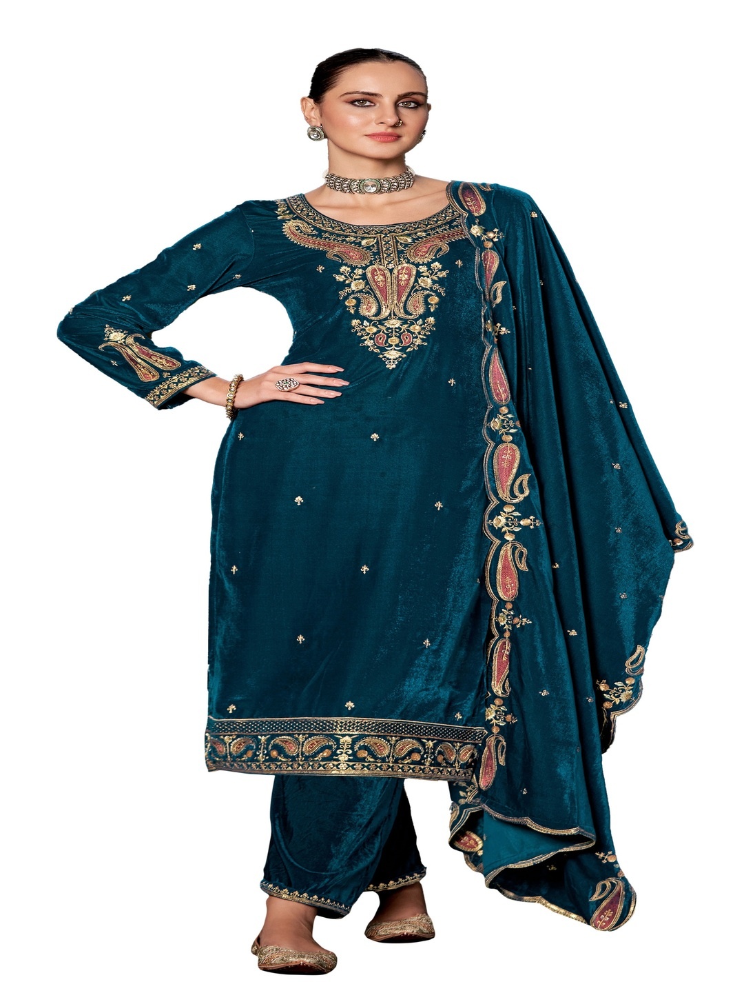 

DRAVINAM Trends Ethnic Motifs Zari Embroidered Velvet Unstitched Dress Material, Blue