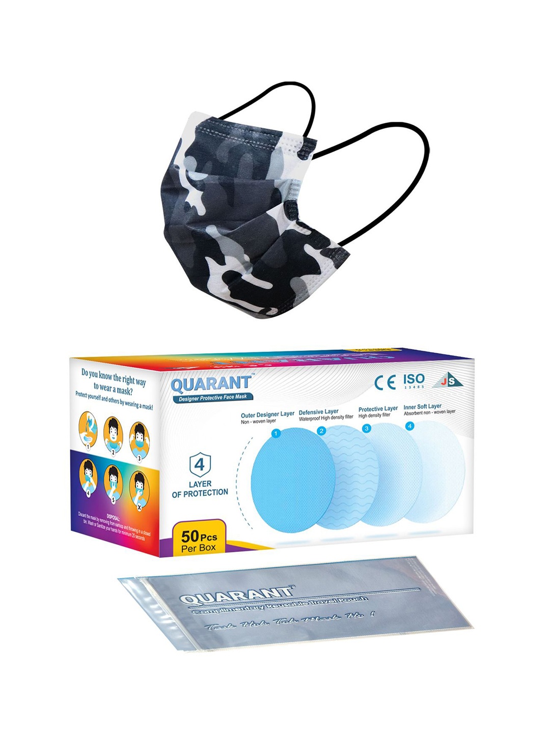 

QUARANT Pack of 50 Camo Printed 4 Ply Outdoor Masks, Black