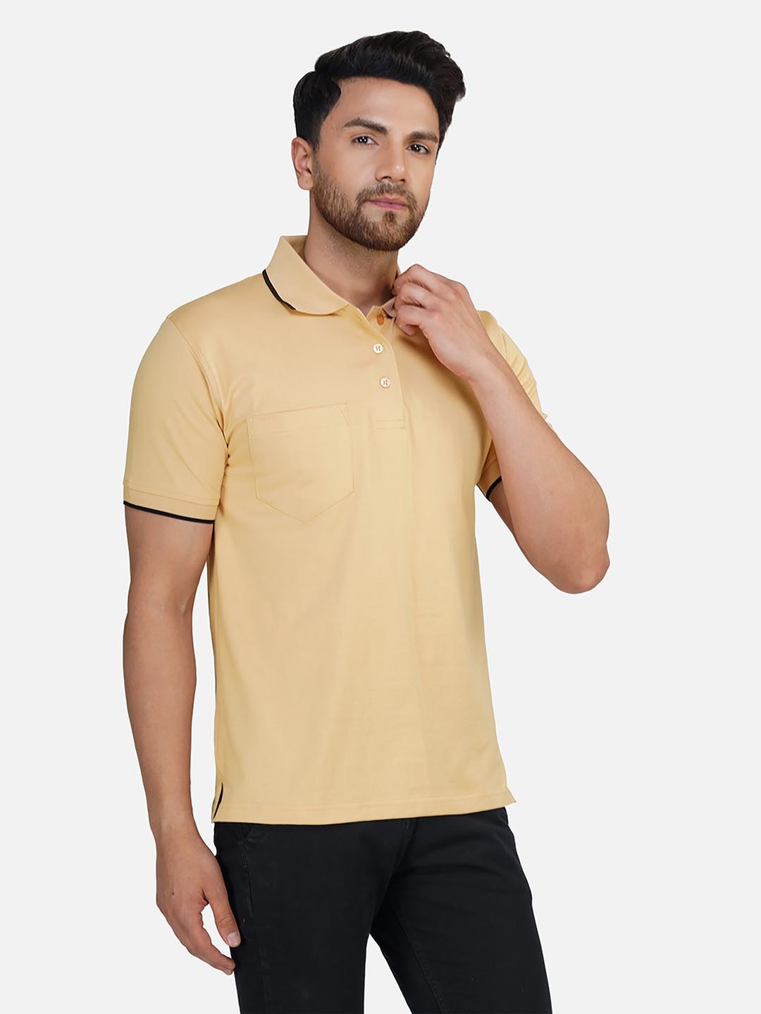 

ALARM Men Solid Polo Collar Cotton T-shirt, Beige