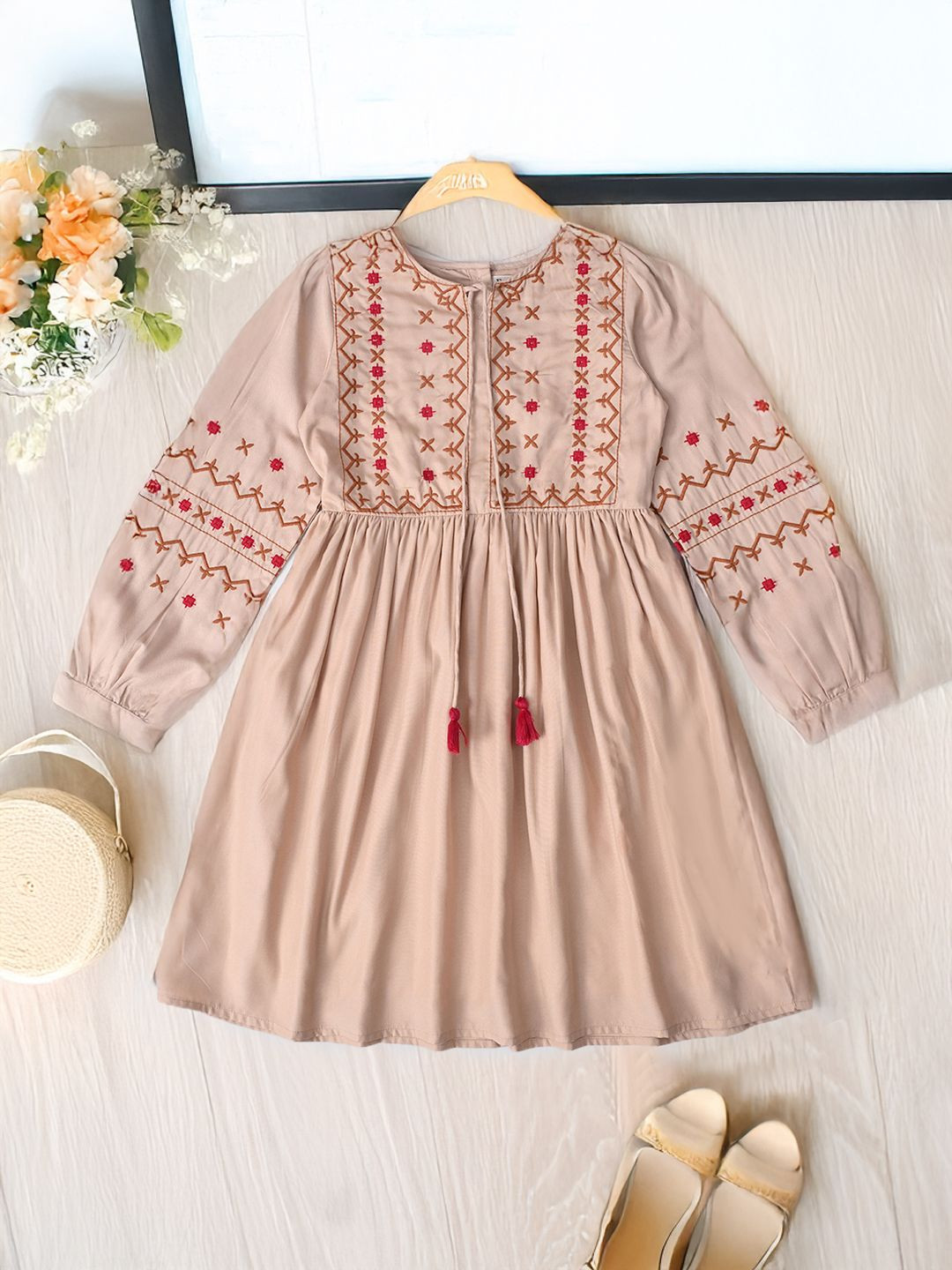 

Bella Moda Girls Cotton Puff Sleeve Fit & Flare Dress, Beige