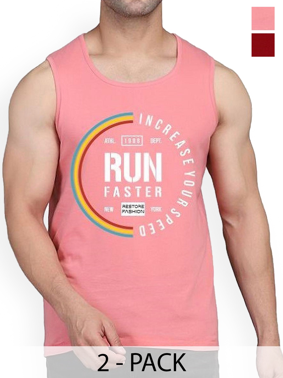 

WOOSTRO Men Pack of 2 Printed Cotton Innerwear Vests RS26 CMB (RUN MAROON) (RUN PEACH)