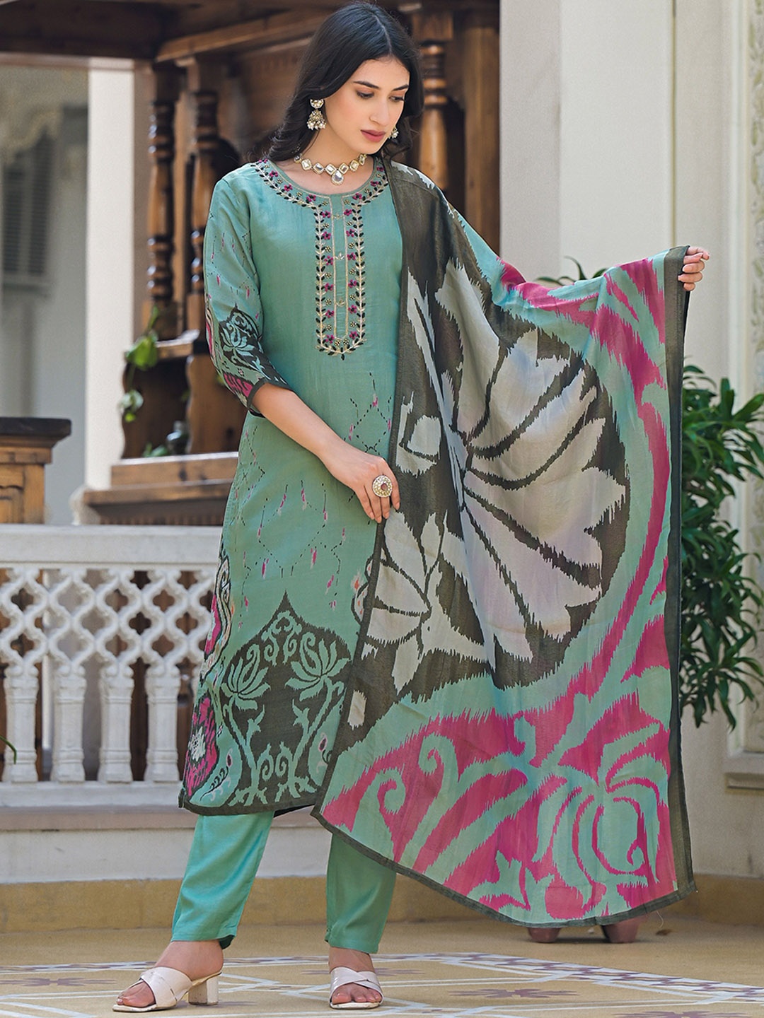 

Anouk Sea Green Floral Embroidered Round Neck Tissue Kurta With Trouser And Dupatta