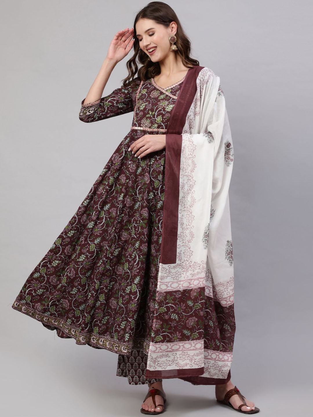 

Mizaz Floral Printed V-Neck Mirror Work Pure Cotton Anarkali Kurta with Trousers & Dupatta, Brown