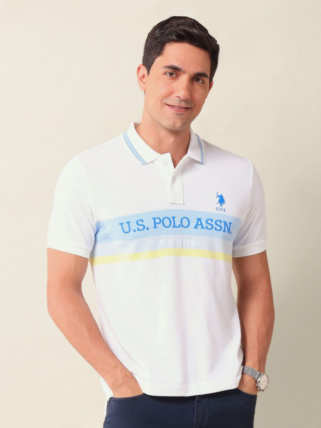 

U.S. Polo Assn. Men Typography Printed Polo Collar Cotton Slim Fit T-shirt, White